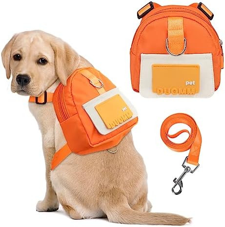 Dog Backpack Harness with Leash,Cute Pet Puppy Backpacks Bulid-in Dog Poop Bag Dispenser,Adjustable Pets Self Carrier Bag for Small Medium Dogs Travel Hiking Daily Walking(S, Orange)