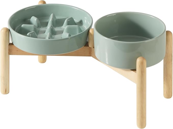 Havniva 7.3” Raised Slow Feeder Dog Bowls Set, 1.2 Cups Ceramic Slow Feeder Dog Bowl and 6.1” Dog Water Bowl with Elevated Wooden Stand Puzzle Dog Food Bowl for Small Dogs Anti-Gulping & Anti-Choking