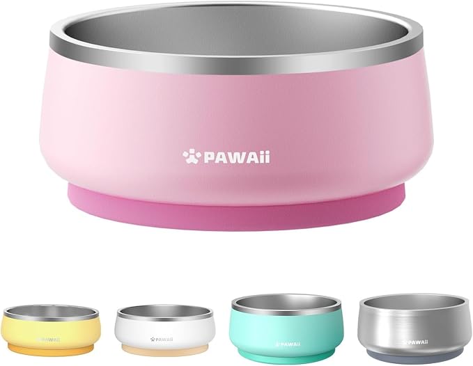 Pawaii Dog Bowl,68 oz Stainless Steel Food and Water Bowl,ID Tag,1 Pack | Double-Wall Design,Non-Slip Rubber Base,Dishwasher Safe,Smooth Open Design, Not a Slow Feeder,Easy-Rinse Interior