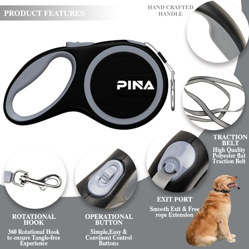 PINA Retractable Dog Leash, 26ft Dog Leash for Small Medium Large Dogs Up to 110lbs, 360° Tangle-Free Strong Reflective Nylon Tape, with Anti-Slip Handle, One-Handed Brake, Lock - 2PACK