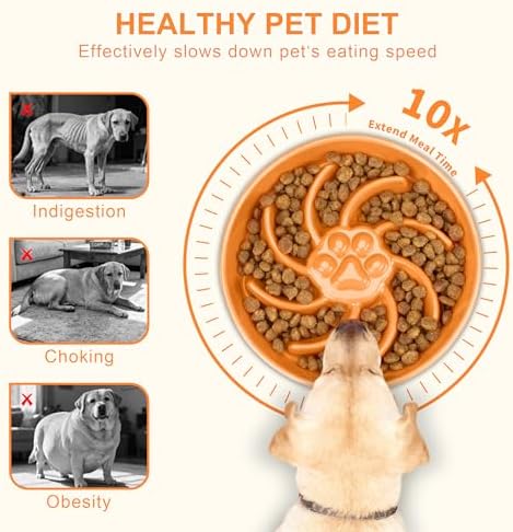 Ceramic Slow Feeder Dog Bowl, 3 Cup Dog Food or 25oz Water, Slow Eating Bowl for Middle Breed, Maze Puzzle Feeder for Fast Eaters, Anti-Choking Stop Bloat, Non-Slip BPA Free (Orange)