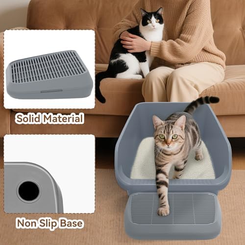 Elevated Litter Box Ramp/Steps for Kittens & Old Cats,Washable Litter Catcher Stairs for Automatic Cat Litter Box,Anti-Tracking Cat Litter Mat Pedal with Filter,Easy to Clean (Dark Grey)