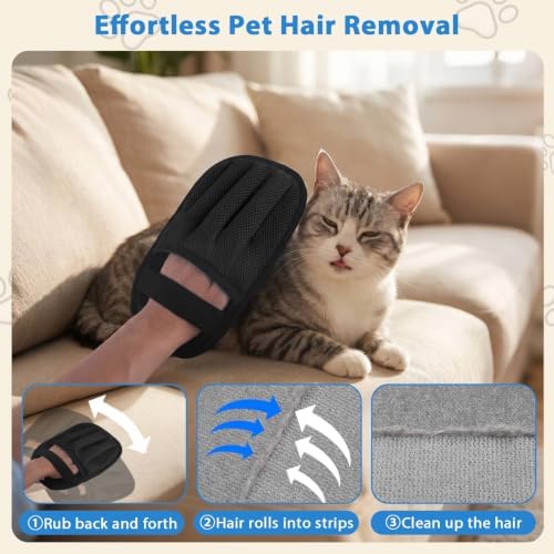 SUETT Pet Hair Removal Gloves, Reusable Five-Finger Grooming Gloves for Dogs and Cats, Removes Pet Hair from Clothes, Sofas, Carpets, and Car Seats, Black