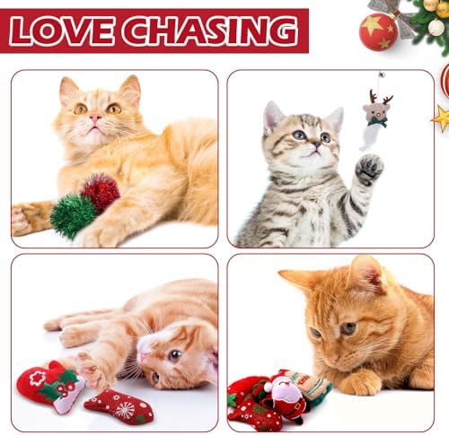 Syhood 18 Pcs Christmas Cat Stocking Toys Catnip Toys Set, Include Kitten Interactive Wand Toy Cat Chew Toy Teaser Wand Teething Mouse Santa Fish Ball Feather Toy Christmas Hanging Stocking for Pet