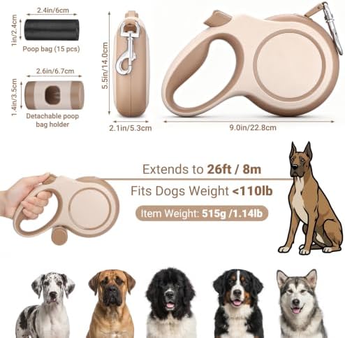 Segarty 26 Ft Walking Lead with Poop Bag Holder for Pet 66 lbs - 110 lbs, 360°Tangle-Free 8m Long Retractable Leash with Anti-Slip Handle One-Handed Brake Pause Lock, Heavy-Duty Leash for Dogs Outside