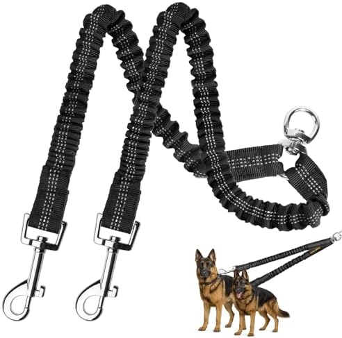 MingXpet 2 Dog Leash, Dog Leash for 2 Dogs, 360° Swivel No Tangle Double Walking Training Leashes for Large Dogs that Pull, Comfortable Shock Absorbing Reflective Bungee, Black