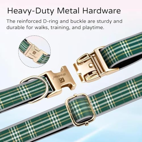 Reflective Plaid Dog Collar for Large Dogs, Green-L
