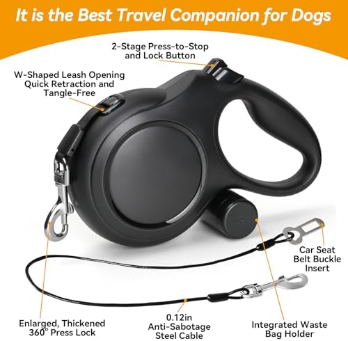 26ft Retractable Dog Leash for Large Dogs Up to 110lbs, Black