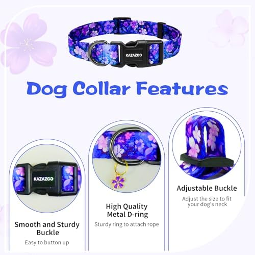 Kazazoo Dog Collar Cute and Soft Nylon Puppy Collar Girl Dogs, Adjustable Purple Dog Collars for Large Dogs, Purple Flowers-L