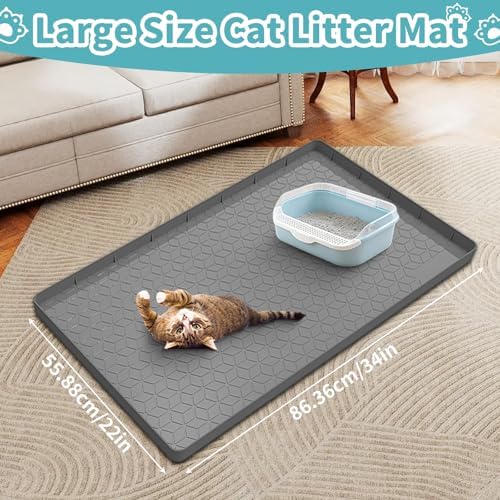 Cat Litter Mat, 34" x 22" Silicone Cat Mat for Litter Box, Silicone Cat Litter Box Mat for Scatter Control, Easy Clean, Waterproof and Non-Slip(Grey)