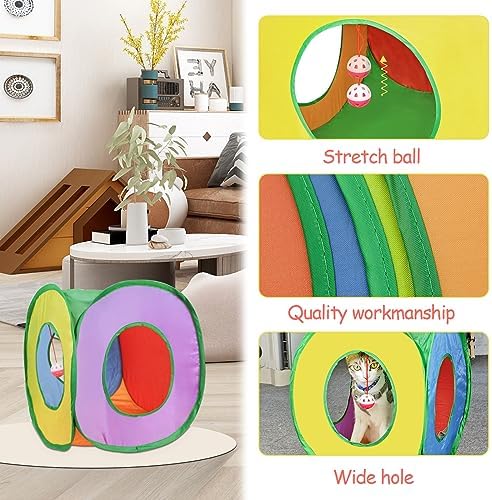 Andiker Cat Tunnel, Foldable Square Colorful Kitten Pop Up Tent Matches with Most Cat Tubes Polyester Kitten Tent with a Bell Ball 3 Holes Kitten Tubes to Hide Play (Square S)