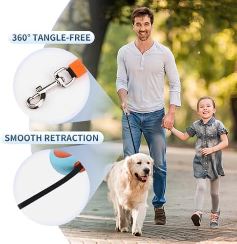 Retractable Dog Leash for Small Medium Dogs with Anti-Slip Soft Grip, 360° Tangle Free, 10 ft Strong Nylon Tape, One-Handed Brake, Pause, Lock (Orange)