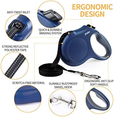 Fida Retractable Dog Leash with Dispenser and Poop Bags, 10 ft, Navy Blue