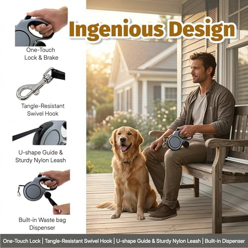 16ft Retractable Dog Leash for Medium Dogs up to 66 lbs, Gray