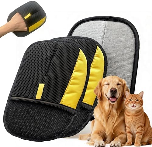 Electrostatic Pet Hair Removal Glove for Cats & Dogs, Reusable Magic Brush for Furniture & Clothes, Cat & Dog Fur Remover Tool (Black-Yellow Medium 2-Pack)