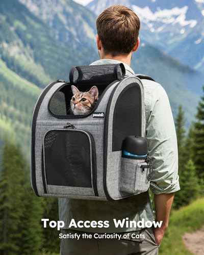 Pecute Cat Backpack with Breathable Mesh, Dog Backpack Carrier with Multi-Pockets, Cat Carrier Backpack Comfortable, Cat Backpack Carrier for Travel Hiking and Camping Gray