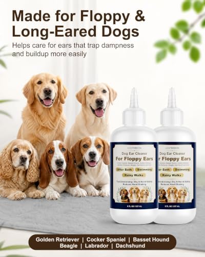 Dog Ear Cleaner for Floppy Ears & Long-Eared Breeds, Deodorizing Ear Cleaning Solution, Helps Keep Ears Dry After Swimming, Bath & Rainy Walks, Gentle Daily Ear Care for Dogs