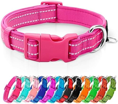 azuza Reflective Dog Collar, Neoprene Padded Medium Dog Collar, Hot Pink, M