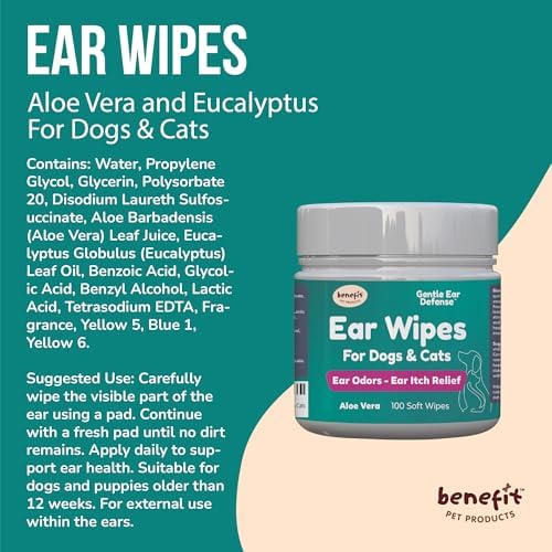 Benefit Pet Products Dog Ear Wipes - Ear Cleaner for Dogs to Prevent Infections, Itching & Odor - Aloe & Eucalyptus, Grooming Wipes - 100 Count