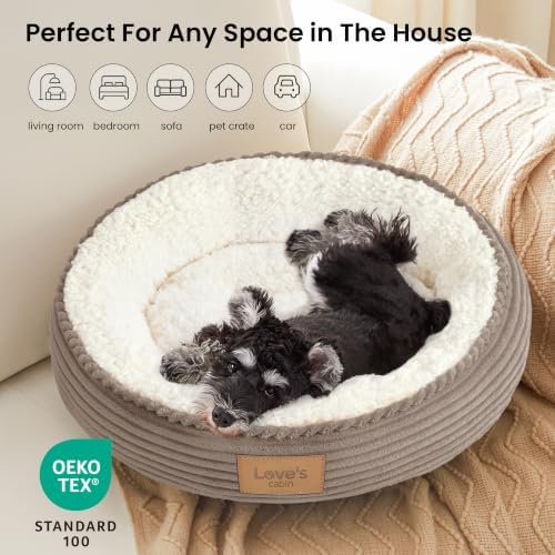 Love's cabin Round Donut Cat and Dog Cushion Bed, 24in Pet Bed for Small or Medium Dogs, Anti-Slip & Water-Resistant Bottom, Soft Durable Fabric Pet Beds, Washable Calming Cat Bed Khaki