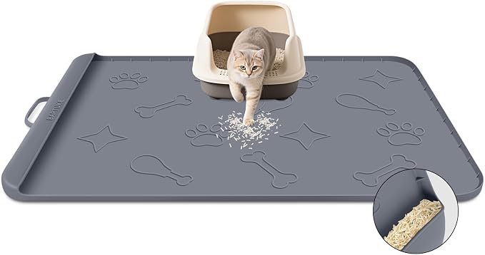 Cat Litter Mat for Litter Box 42" x 28", Large Silicone Mat, Dark Grey | Waterproof Litter Trapping Mat with Residue Collection Pocket, Raised Edge, Non-Slip Pet Placemat for Floors