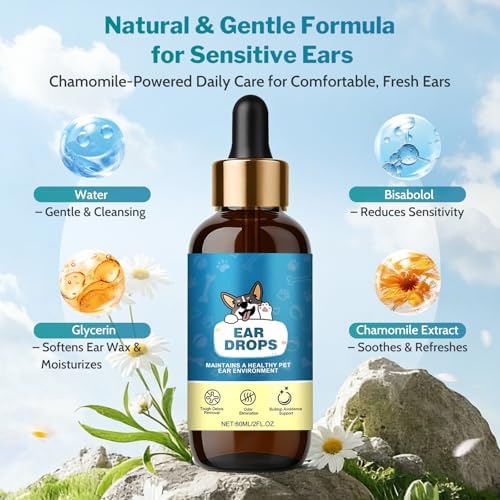 Dog Ear Cleaner with 50 Ear Finger Wipes for Dogs & Cats – Gentle Herbal Ear Drops for Wax & Odor, Chamomile & Witch Hazel for Sensitive Ears, Daily Ear Care Kit, 2oz
