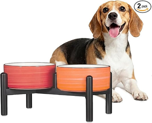 Ceramic Elevated Dog Bowl Set, 6.1''Raised Dog Food and Water Bowl Set with Non-Slip Stainless Steel Stand, Double Raised Dish for Small and Medium Breed, 3.5 Cups / 22 Fl Oz, Sunset Duo