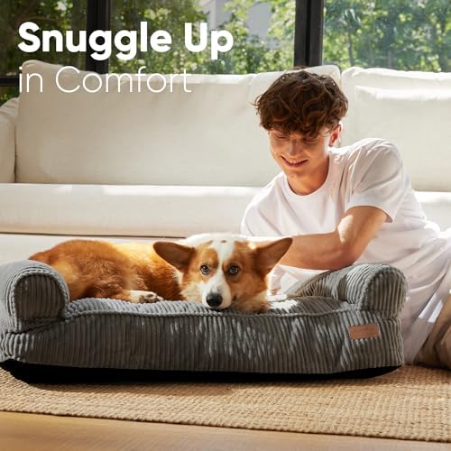 FUKUMARU Dog Couch Bed, Corduroy Cozy Cat Bed, Waterproof, Washable Cover