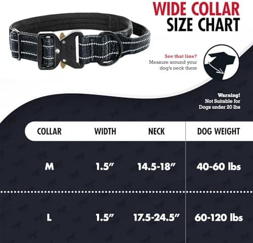 Tuff Pupper Tactical Dog Collar | Heavy Duty 1.5" Wide Ballistic Nylon | Training Control Handle | Quick-Release Metal Buckle | Reflective Bands | ID Tag Holder | Padded Inner Lining (Black, Medium)