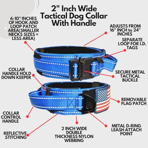 2-Inch Wide Tactical Dog Collar with Control Handle, Adjustable for Medium & Large Dogs, Military Style with Heavy-Duty Metal Buckle, USA Flag Patch & Customizable Name Plate, Training & Everyday Use