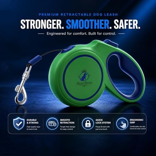Retractable Dog Leash 16 FT (5M) – Heavy Duty Tangle-Free Dog Leash with One-Touch Brake & Lock, Reflective Nylon Tape, Ergonomic Non-Slip Handle for Small, Medium & Large Dogs up to 50 KG