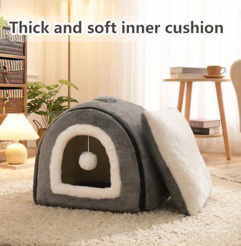 Cat Bed for Indoor Cats，Foldable cat cave，Anti-Slip & Water-Resistant Bottom，cat Houses for Indoor Cats or Small Dogs, Kitten Tent, Rabbit Bed (Dark Grey, L:(17.5"×16.9"×15.9"))