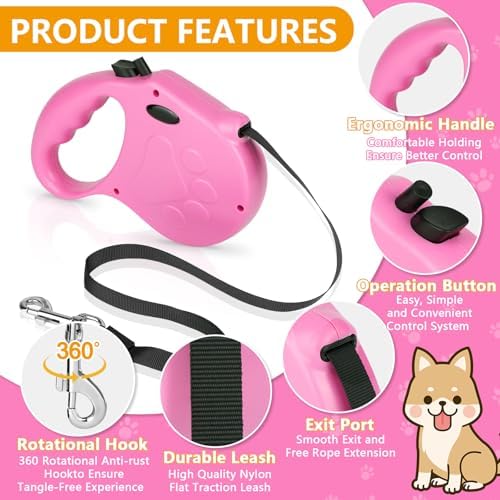 Retractable Dog Leash, 16ft Dog for Small Dogs up to 77lbs, Non-Slip Handle - Pink