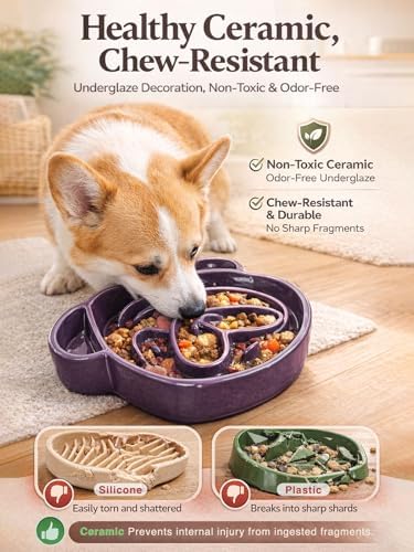 Dog Shape Slow Feeder Ceramic, 8.7in 1.5 Cups Pet Food Bowl for Medium and Big Breed. Bite-Resistant, Dishwasher Safe, Cute Design to Prevent Fast Eating, Bloat, Choking. Gift for Dog Lovers