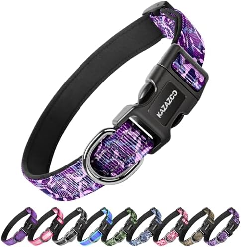 Kazazoo Large Dog Collar, Reflective Nylon Collar,No Pull,Heavy Duty Collar,Soft Neoprene Quick Release Buckle Dog Collars for Labrador Retriever,German Shepherd,Golden Retriever-Purple camo-L