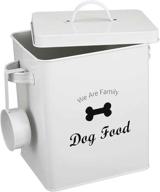 Geyecete Pet Treat and Food Storage Tin with Lid - 5lbs Capacity - Serving Scoop Included … -DOG