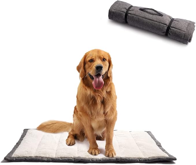 Outdoor Dog Bed, Portable Dog Travel Mat, Rollup Pet Camping Gear, Crate Pad with Carry Handles for Large Dogs, Super Soft, Machine Washable, 42 * 28” Grey