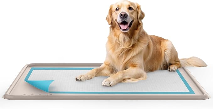 Dog Training Pad Silicone Tray - 35 x 28 in. No Spill Raised Lip High Edge Mat Holder, Extra Thick and Non-Slip for Indoor Floor Protection, Universal Fit Potty Training Pads (XL, Beige) | eenk