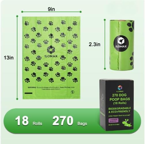 ILOMAX Dog Poop Bags with Dispenser, 270 Lavender Scented Waste Bags, Extra Thick Leak-Proof, 38% Plant-Based, Fits All Standard Holders – 18 Rolls