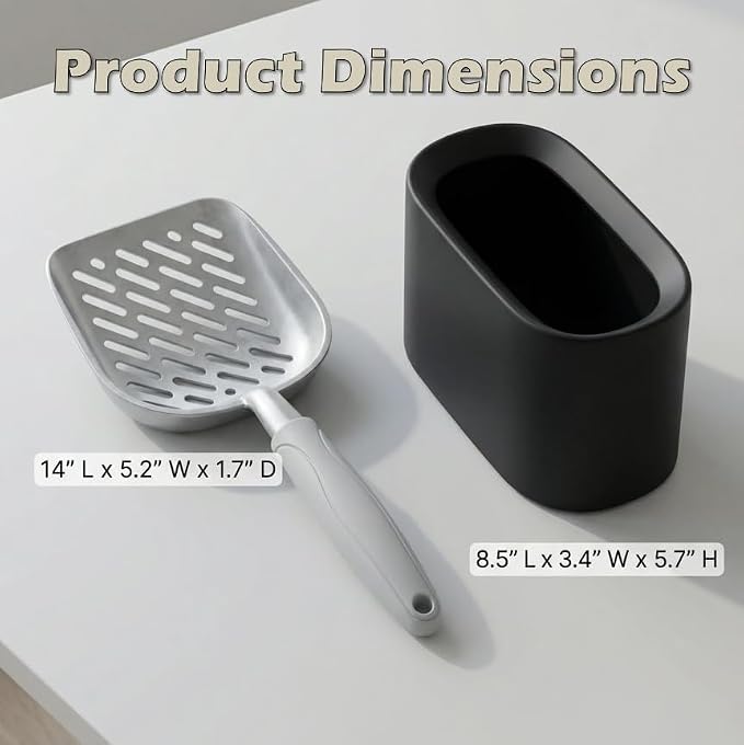 Metal Cat Litter Scoop with Holder, Aluminum Cats Litter Scooper Captures All Clumps, Heavy Duty Metal Kitty Scoopers with Holder, Cat Metal Scoop and Holder (Black) | Metal Cat Litter Scoop with Holder
