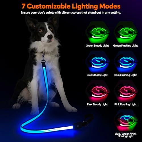 LED Dog Leash Ultra Bright, Waterproof, 7 Lighting Mode, Glow in The Dark & Reflective, Type-C Rechargeable, Battery Indicator, Carabiner Clip for Night Walking Safety, Small to Large Pets
