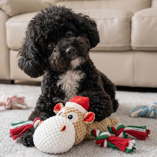 Dog Toys for Small Medium Dogs - Squeaky Hippo Plush Dog Toys with Crinkle Paper, Cotton Ropes for Tug Games