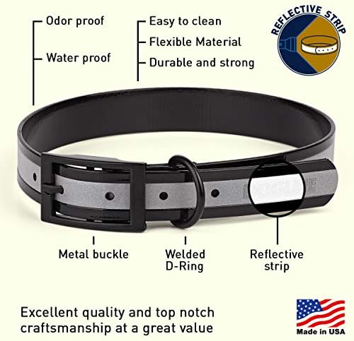Dogline Biothane Translucent Reflective Waterproof Dog Collar Strong Coated Nylon Webbing with Black Hardware Odor- Proof for Easy Care Clean Fits Small Medium or Large Dogs - Black 1" W x 18"-22" L