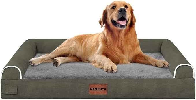 NANUYA Orthopedic Dog Bed for X-Large Dogs, 40 x 32 Inch, Dark Green | Egg crate foam for joint support, 3-sided bolster pet sofa, waterproof lining, washable cover, and non-skid base