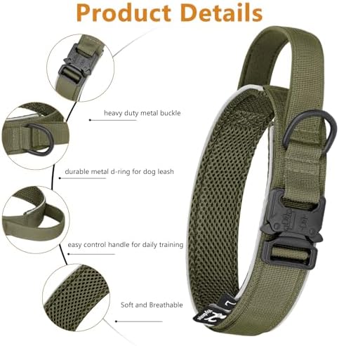 HYDEME Tactical Dog Collar and Leash Set, Alpine Loop Adjustable Reflective Military Training Nylon Collar with Handle Shock Retractable Leash for Small Medium Large Dogs (M, OliveGreen-Set)
