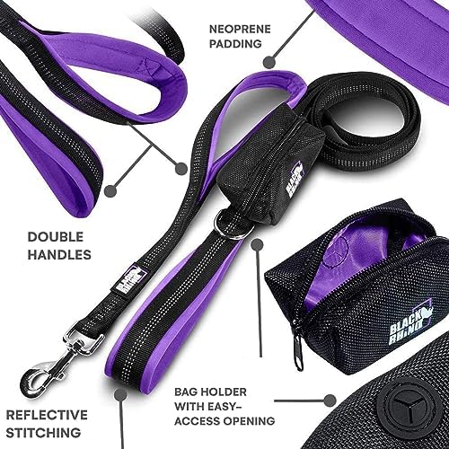 Black Rhino 6 ft Long Heavy Duty Dog Leash with Traffic Handle for Medium and Large Dogs - Padded Neoprene Dual Handles, Bag and Clip - Reflective, Durable, and Weather Resistant - Purple