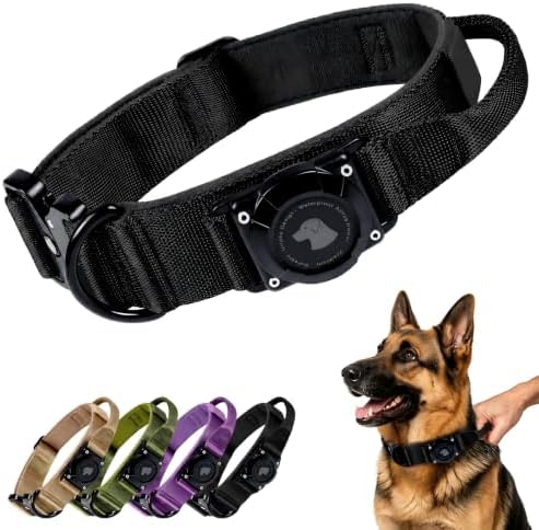 Tactical AirTag Dog Collar with Holder for Medium Large Dogs, Black, L