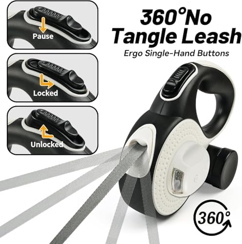 Retractable Dog Leash with LED Light for Night Walking – 16ft Tangle-Free Leash with Poop Bag Dispenser, One-Button Lock, Reflective Handle