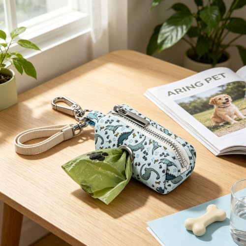 ARING PET Dinosaur Dog Poop Bag Holder, Cotton Puppy Blue Dino Waste Bag Dispenser Attach to Any Leashes, Portable Washable Pet Waste Pouch Holder with Two Rolls of Bags