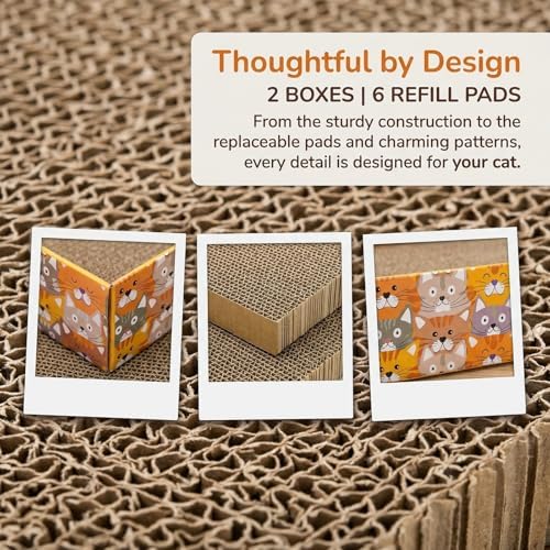 Pumtus Set of 2 Cat Scratching Boxes, 17x10 in 6 Pcs Corrugated Cardboard Pad with 2 Boxes, Large Cute Reversible Kitty Sofa Bed, Refillable Wave Shaped Lounge, Interactive Kitten Toy for Indoor Cat